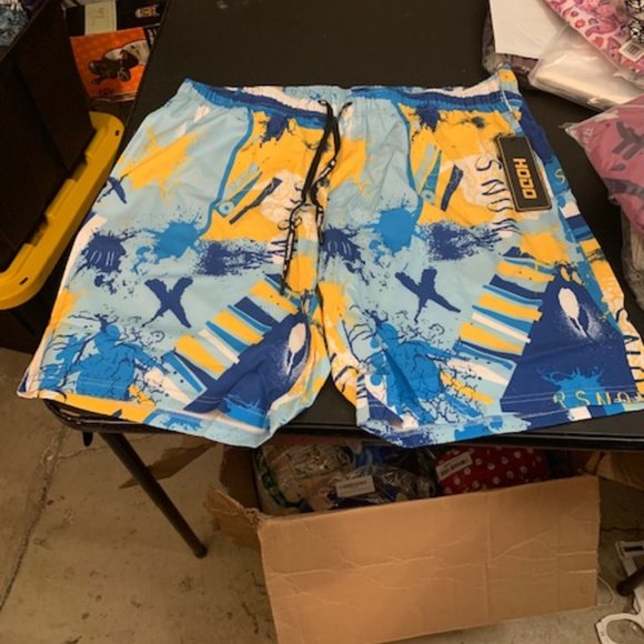 HodoSports Men's Multi-Colored Blue/Yellow/White Swim Trunks XXL NWT - Picture 1 of 5